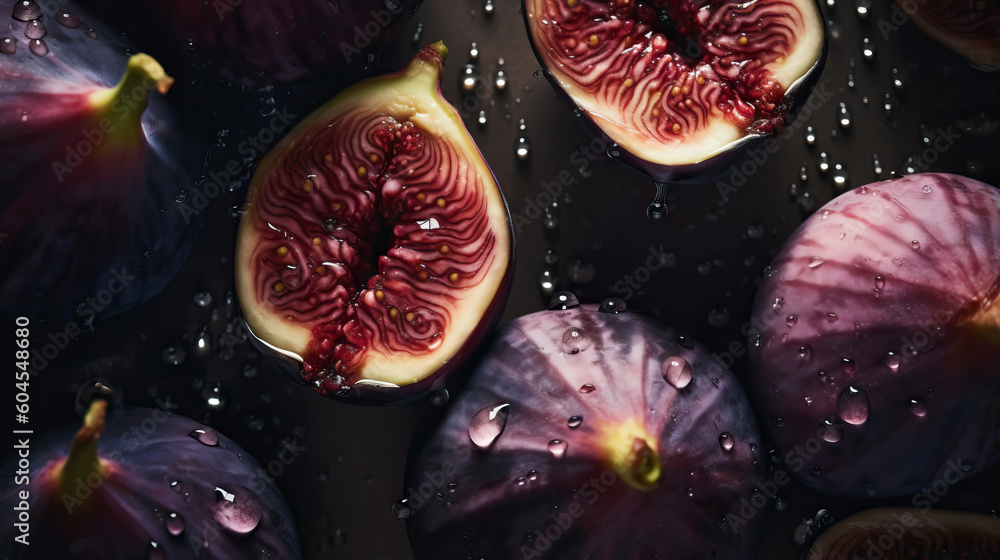 Fresh ripe figs with water drops background. Fruits backdrop. Generative AI