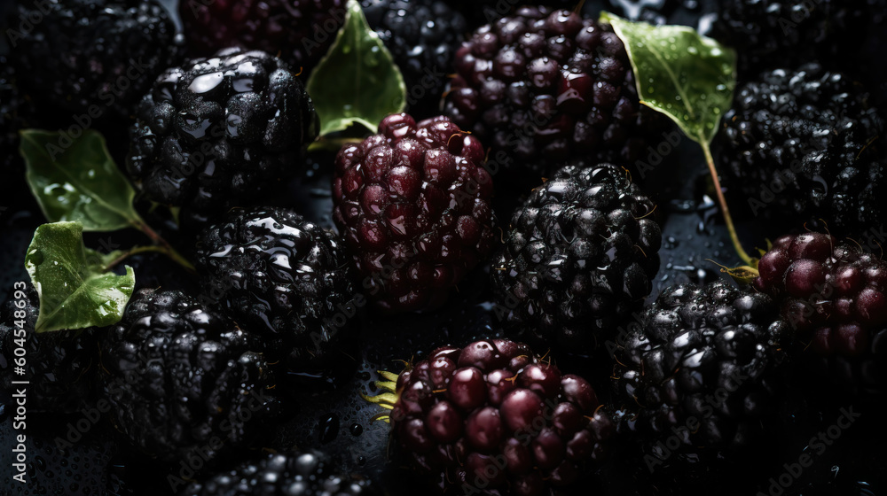 Fresh ripe blackberries with water drops background. Berries backdrop. Generative AI