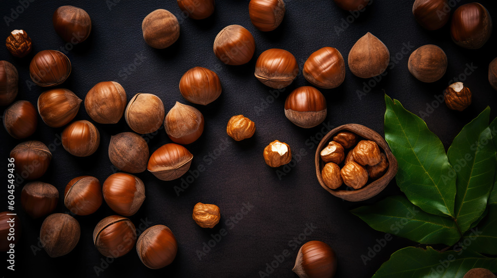 Large group og Hazelnuts on dark backdrop. Food background. Generative AI