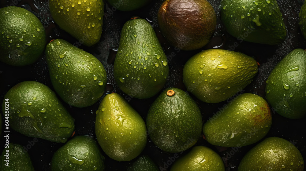 Fresh ripe avocados with water drops background. Fruits backdrop. Generative AI