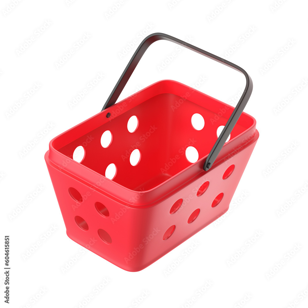 Red plastic shopping basket on transparent background