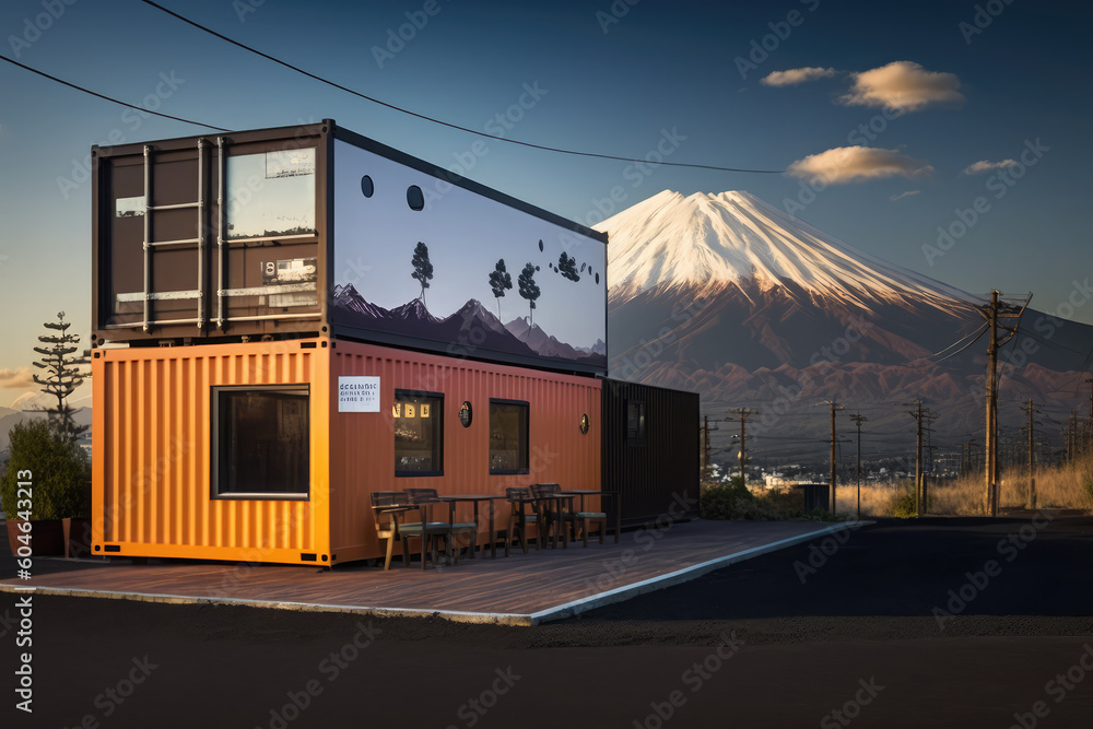 container box house in fuji san with japan theme background