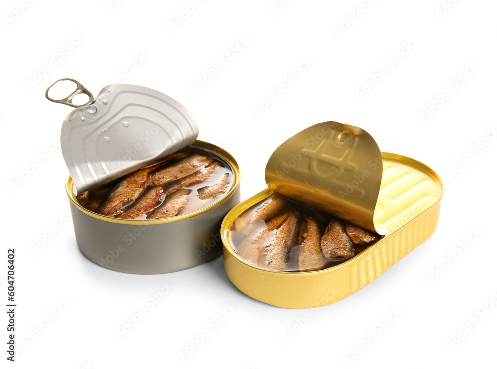 Canned smoked sprats on white background