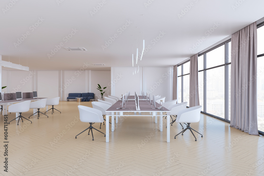 Modern coworking office interior with furniture, equipment and other items in daylight. 3D Rendering