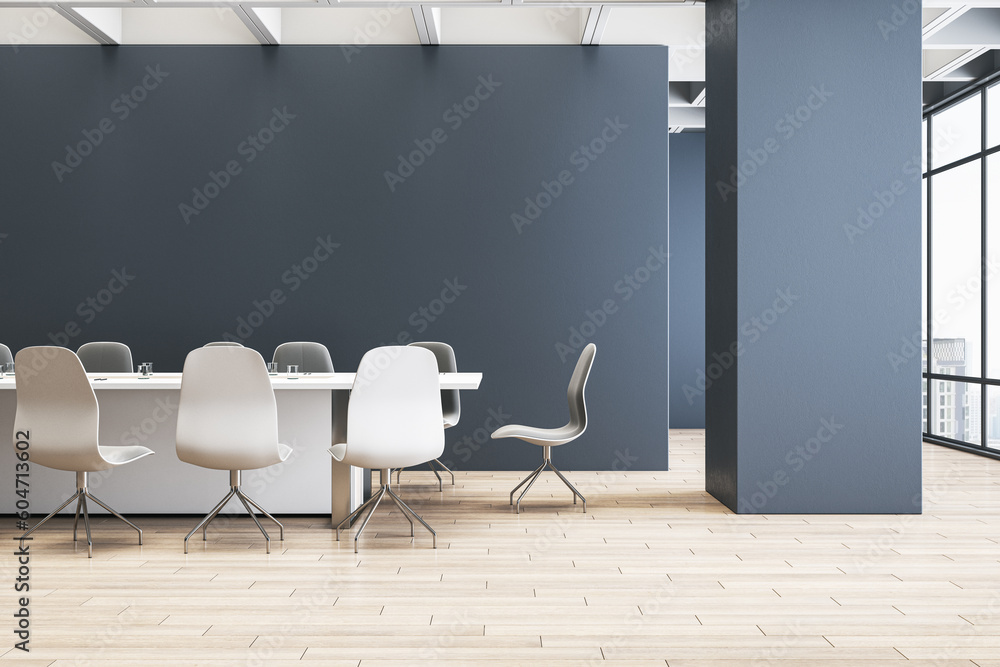 Clean concrete meeting room interior with mock up place on wall, wooden flooring and window and city