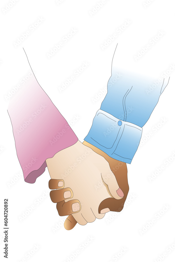 Representation of the hands of a couple formed by a white woman and a black man