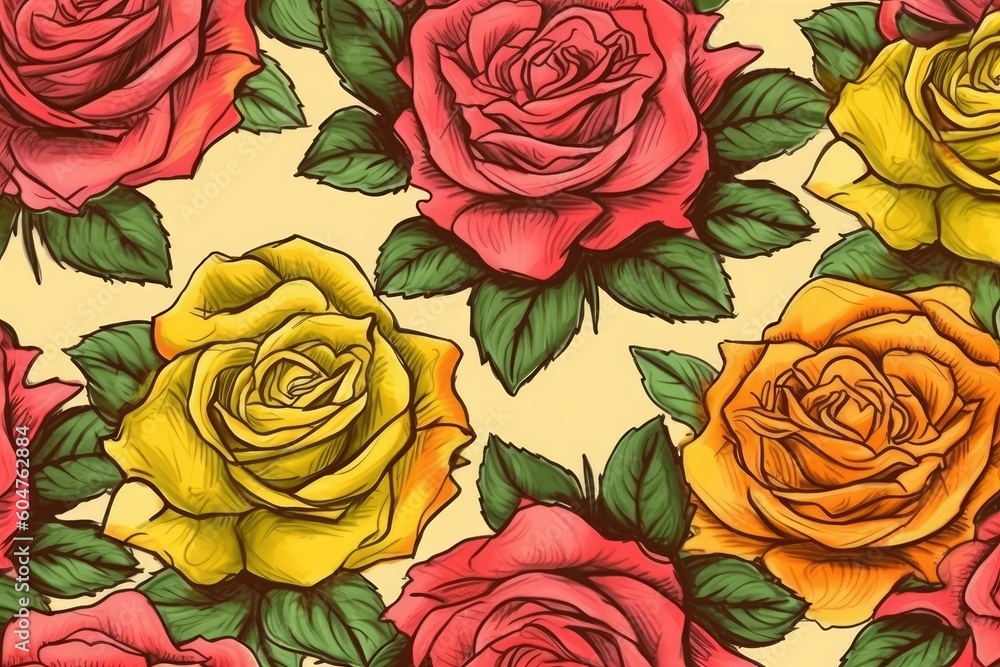 bouquet of roses with green leaves on a bright yellow background Generative AI