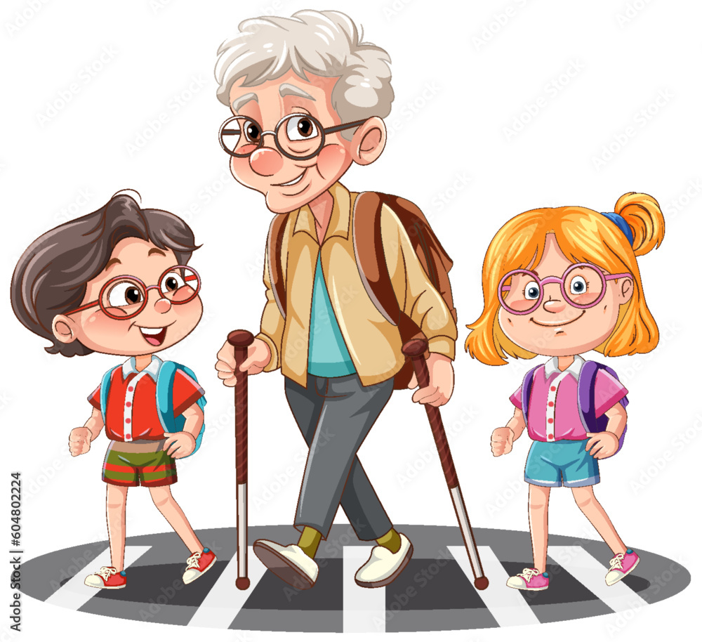 Grandparent crossing the road with student