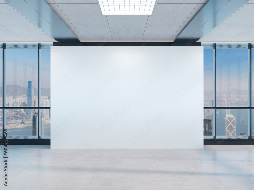 Blank wall Mockup in bright office with windows. Company interior 3D rendering