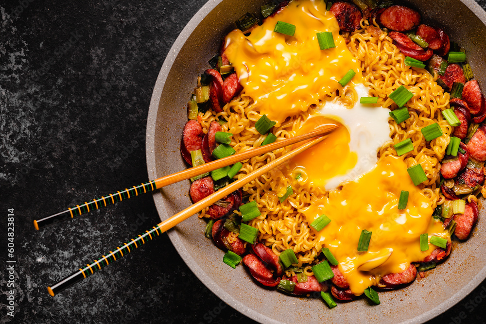 Korean style instant noodle, Shin Ramyeon with sausages