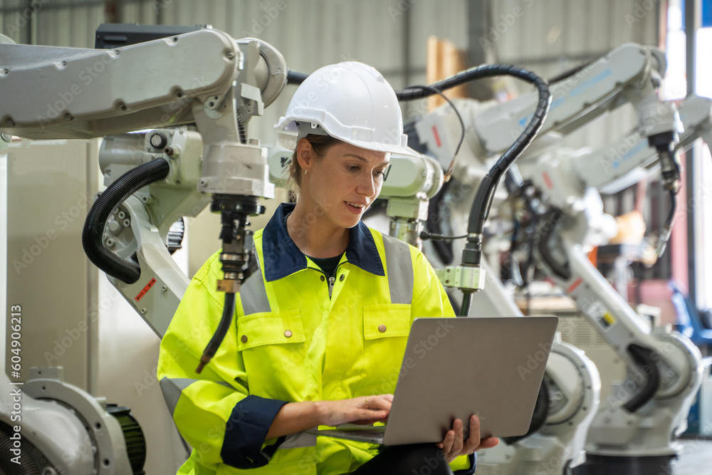 Engineer inspect robotic arm in workshop,Checking quality of workpieces manufacturing industry techn