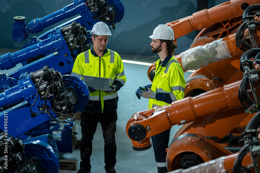 Robot engineer working with robotic arms working on assembly line of appliance manufacturing factory