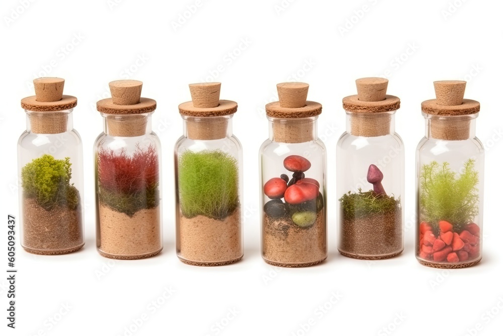 row of glass bottles filled with various types of plants Generative AI