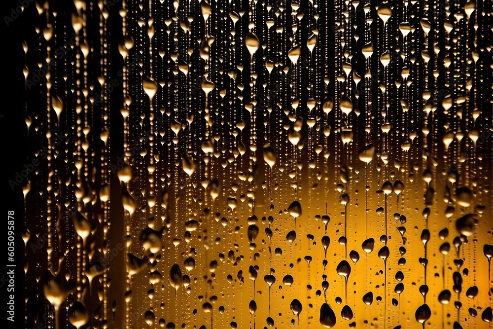 rain drops on a window with warm yellow light in the background Generative AI