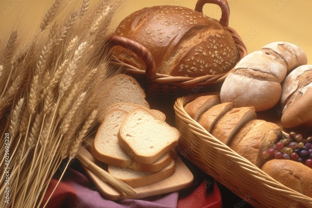 rustic bread basket accompanied by a bundle of wheat Generative AI