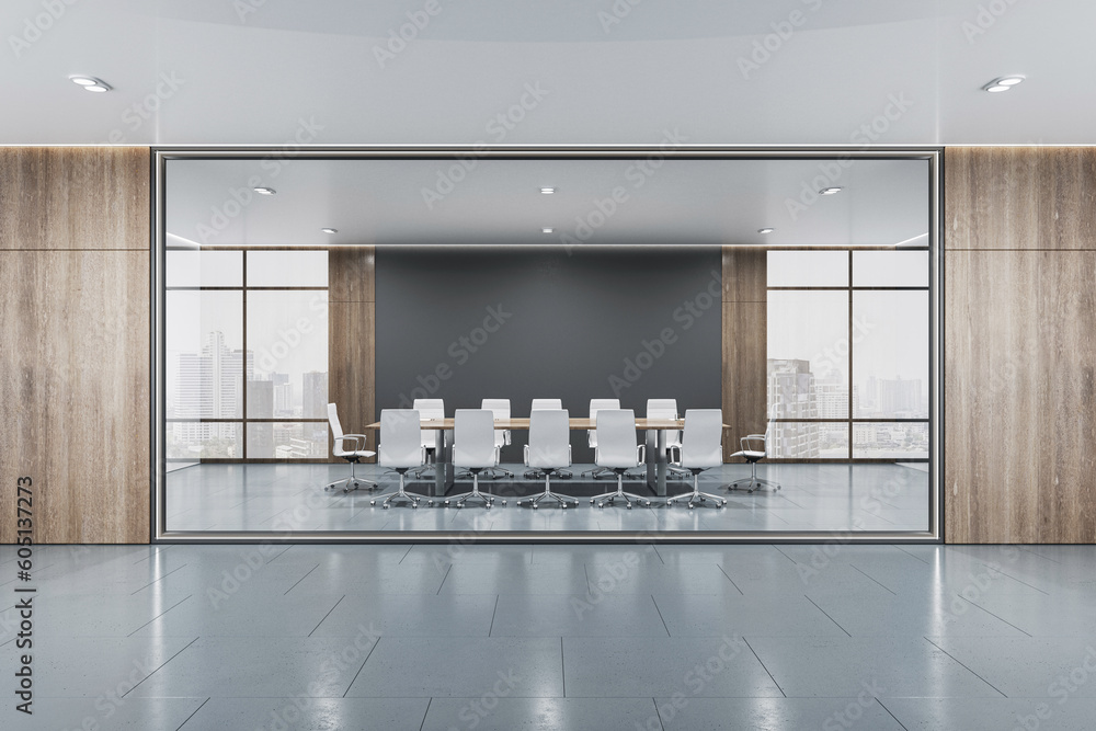 Front view on modern conference room interior design with wooden furniture and white chairs on dark 