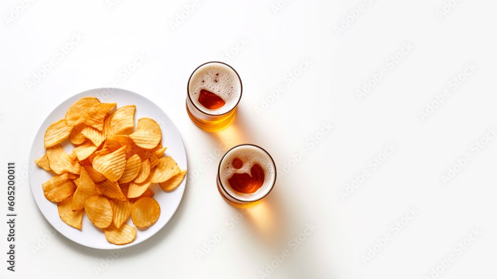 Two glasses of beer and potato chips on a white background with copy space, top view. Generative AI.