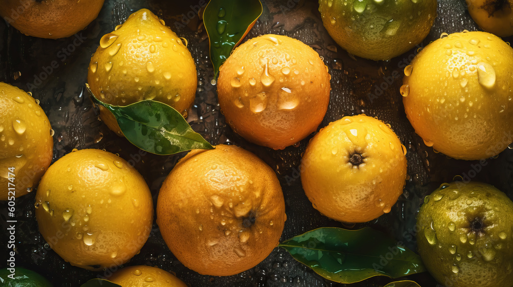 Fresh ripe lemons with water drops background. Fruits backdrop. Generative AI