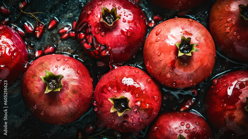 Fresh ripe pomegranades with water drops background. Fruits backdrop. Generative AI