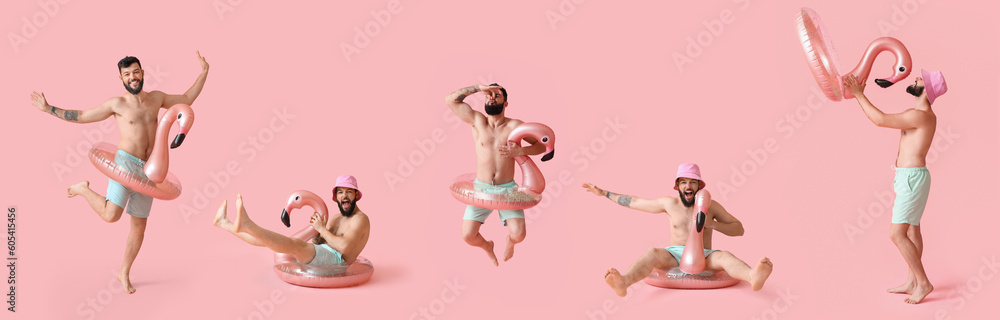 Collage of happy man in swimming trunks and with inflatable ring on pink background