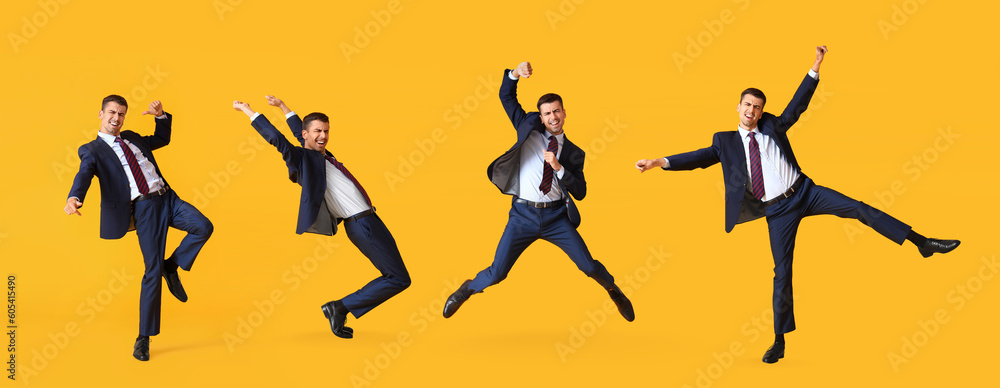 Collage of happy dancing businessman on yellow background