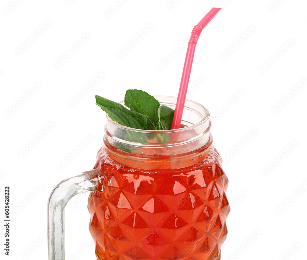 Mason jar of tasty strawberry drink on white background