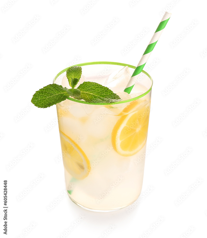 Glass with fresh lemonade on white background