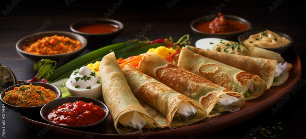 Indian pancakes with several tipes of sauces. Indian food