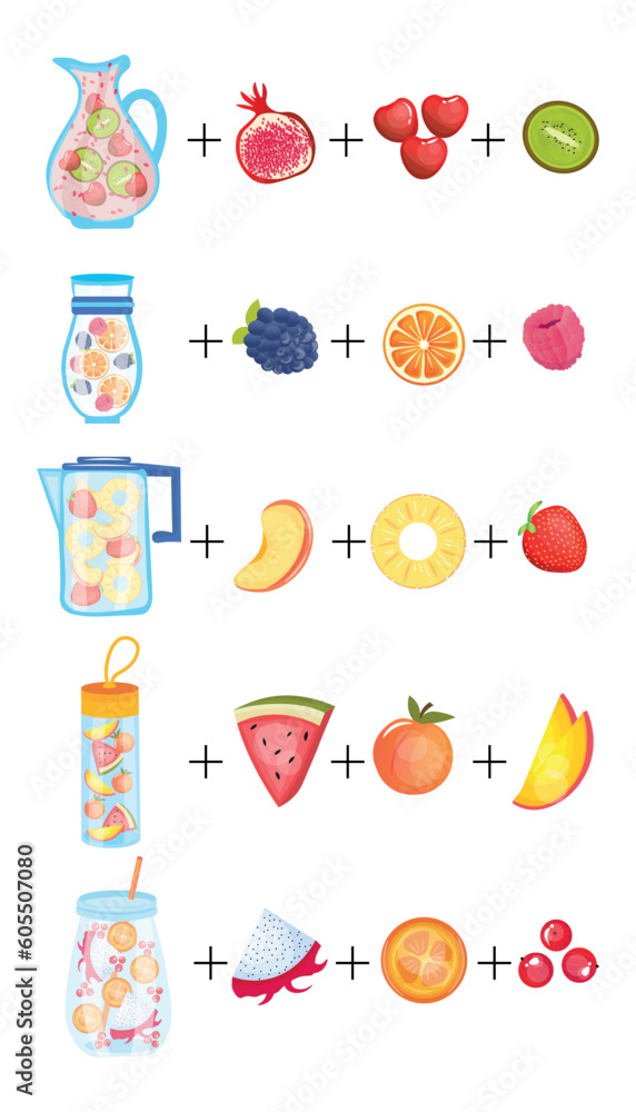 Different infused water and ingredients on white background