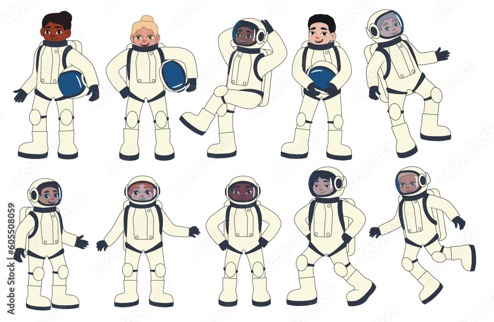 Set of many astronauts in space suits on white background