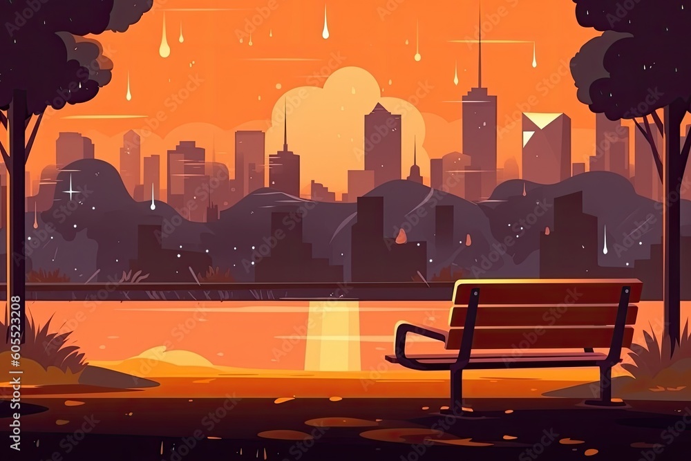 serene park bench with a breathtaking city skyline in the background Generative AI