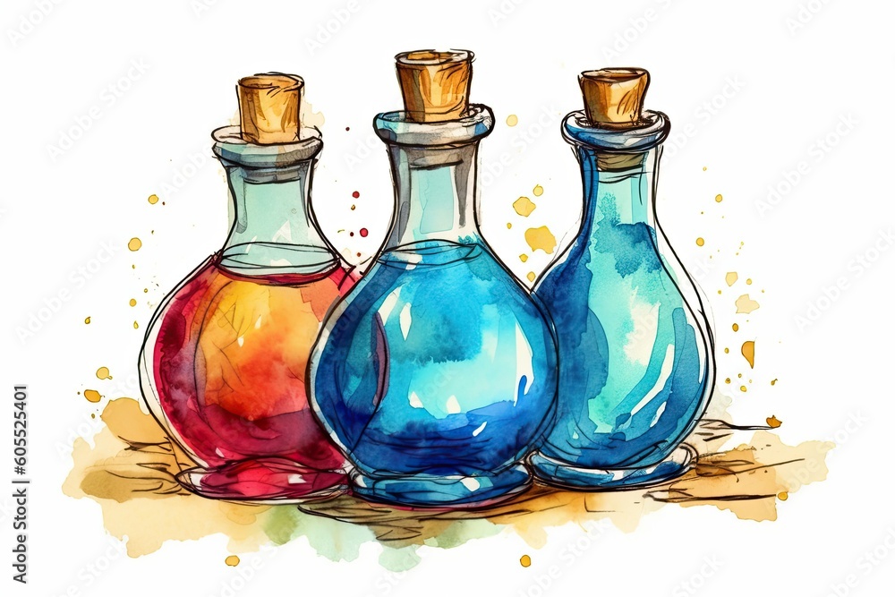 three glass bottles with colored liquids Generative AI