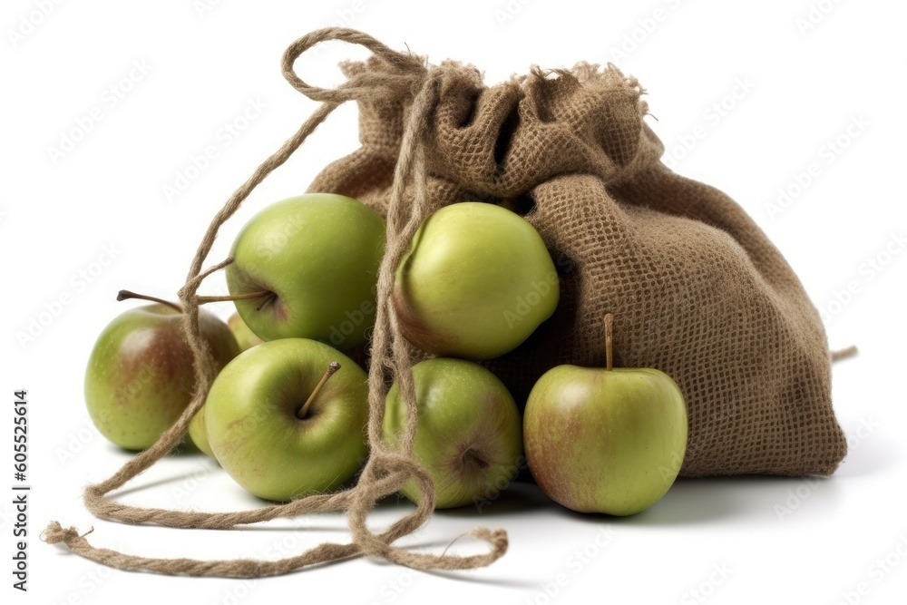 group of fresh green apples arranged in a bag on a plain white background Generative AI