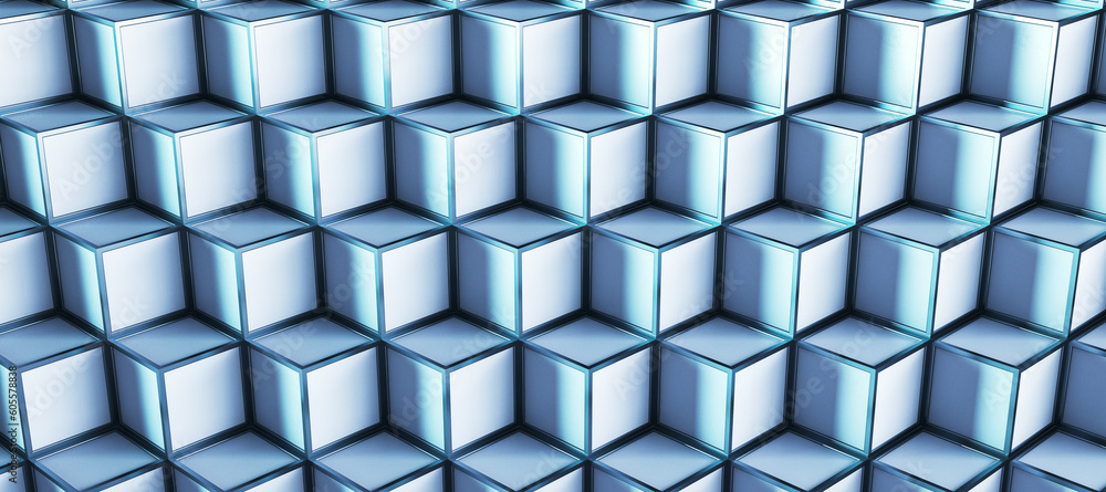 Creative blue wide cubes pattern background. Landing page concept. 3D Rendering.