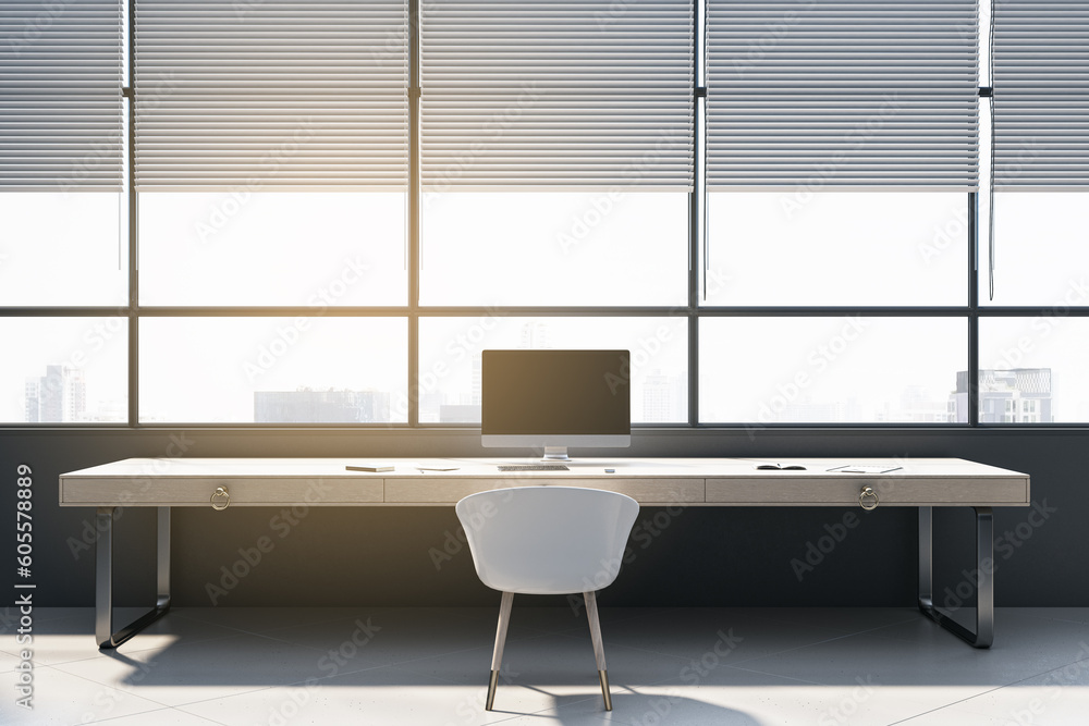 Contemporary office interior with panoramic windows and city view, blinds, empty mock up computer sc