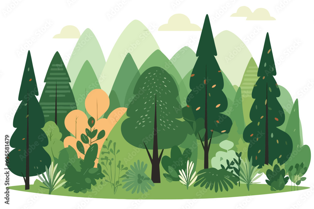 Forrest landscape with grass, nature inspired vector illustration