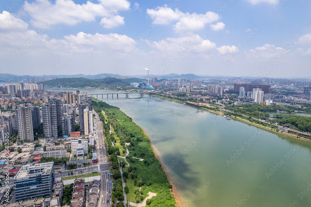 Aerial photography of city scenery on both sides of the Xiangjiang River in Zhuzhou, China