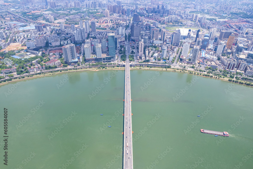 Aerial photography of Zhuzhou Bridge in China, city central axis scenery