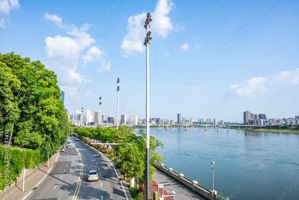 Beautiful Xiangjiang River Embankment Scenery in Zhuzhou, Hunan, China