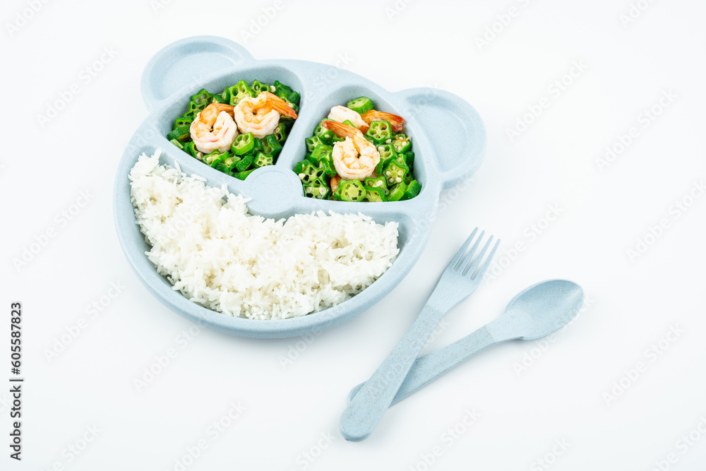 A plate of nutritious meals for kids, fried okra with shrimp and rice