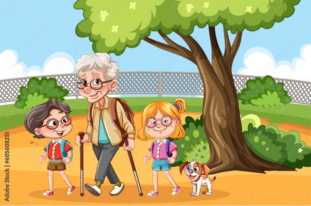 Granny with children enjoy walking at park