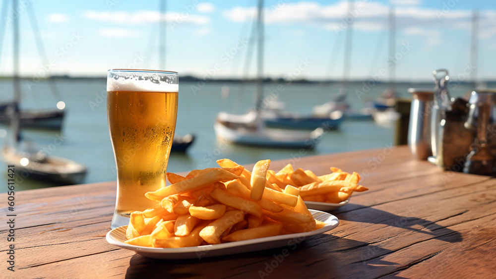 A glass of beer and a plate of french fries on a table with a view of the marina in the background. 