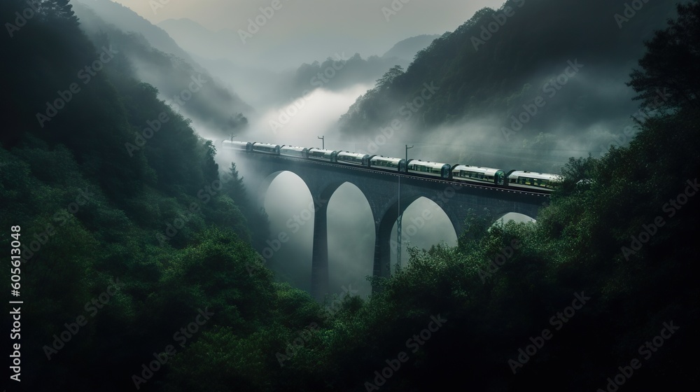 Speed passenger train moving in the mist mountains covered with forest. Generative AI