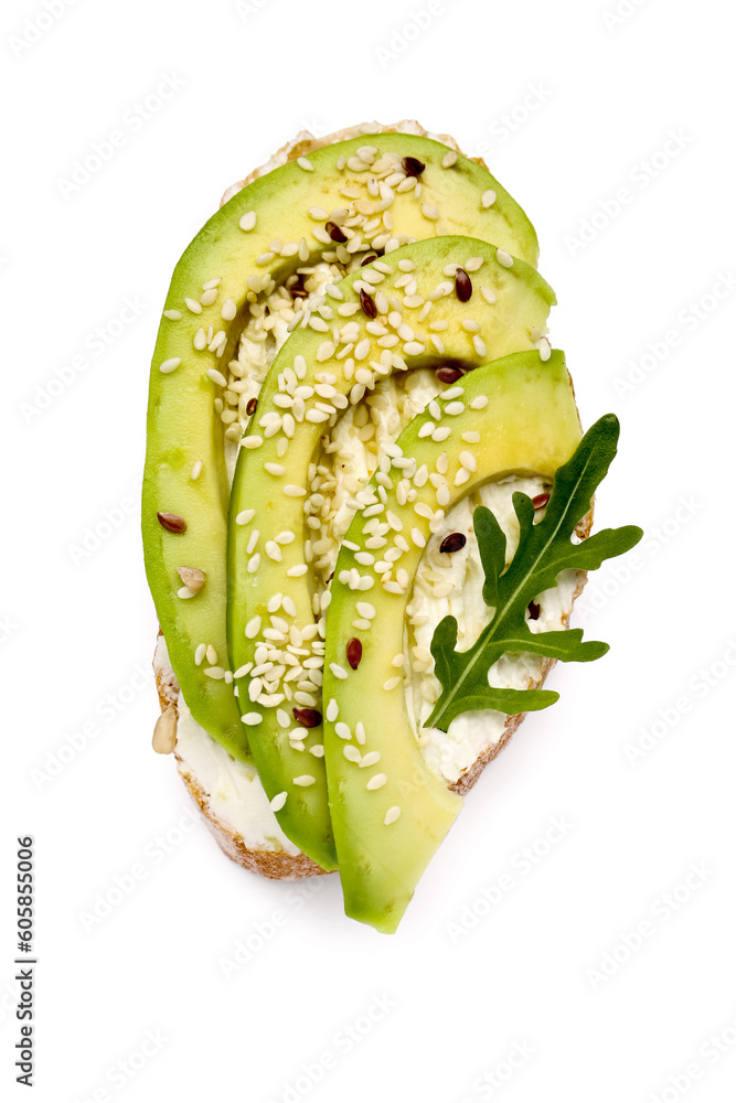 Tasty bruschetta with avocado on white background