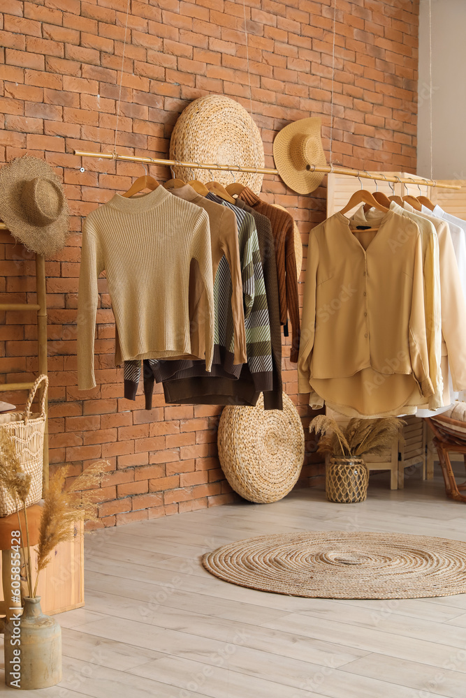 Interior of modern boutique with stylish female clothes and accessories