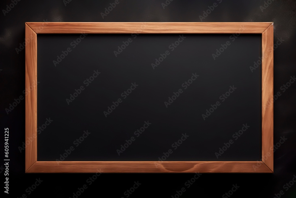 A blank chalkboard with a wooden frame on a black background with copy space. Generative AI.