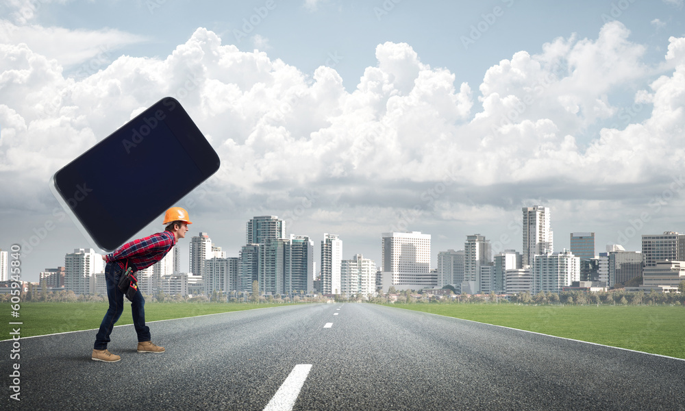 Builder man carry huge smartphone