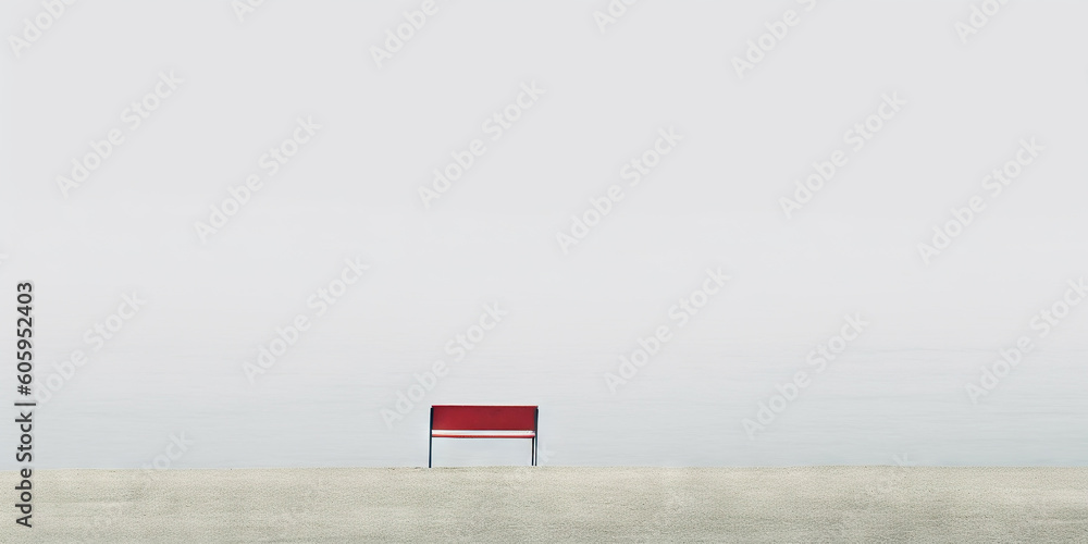 Minimalistic loneliness concept. Red bench and misty sea. Generative AI