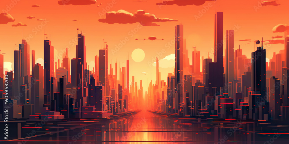 Panoramic cityscape in cyberpunk futuristic style. Towering skyscrapers in neon retrowave colors. Ge