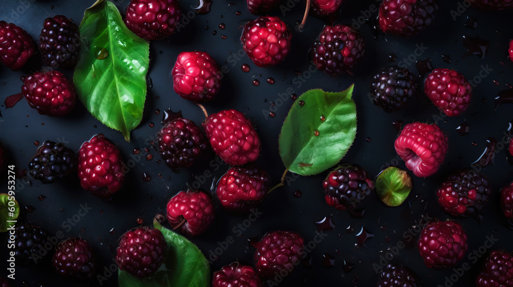 Fresh ripe mulberry with water drops background. Berries backdrop. Generative AI